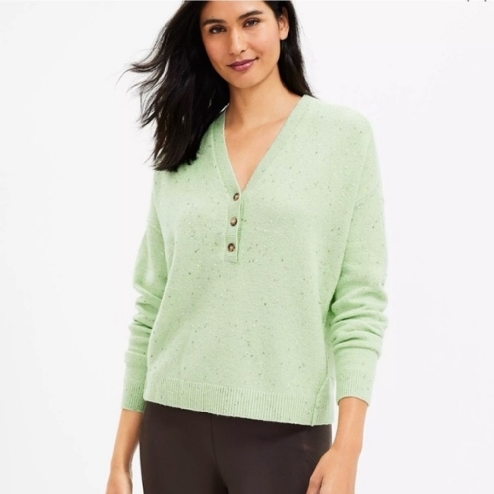 Loft Green Speckle Oversized V-Neck Knit Sweater Soft Cozy Womens Size Large